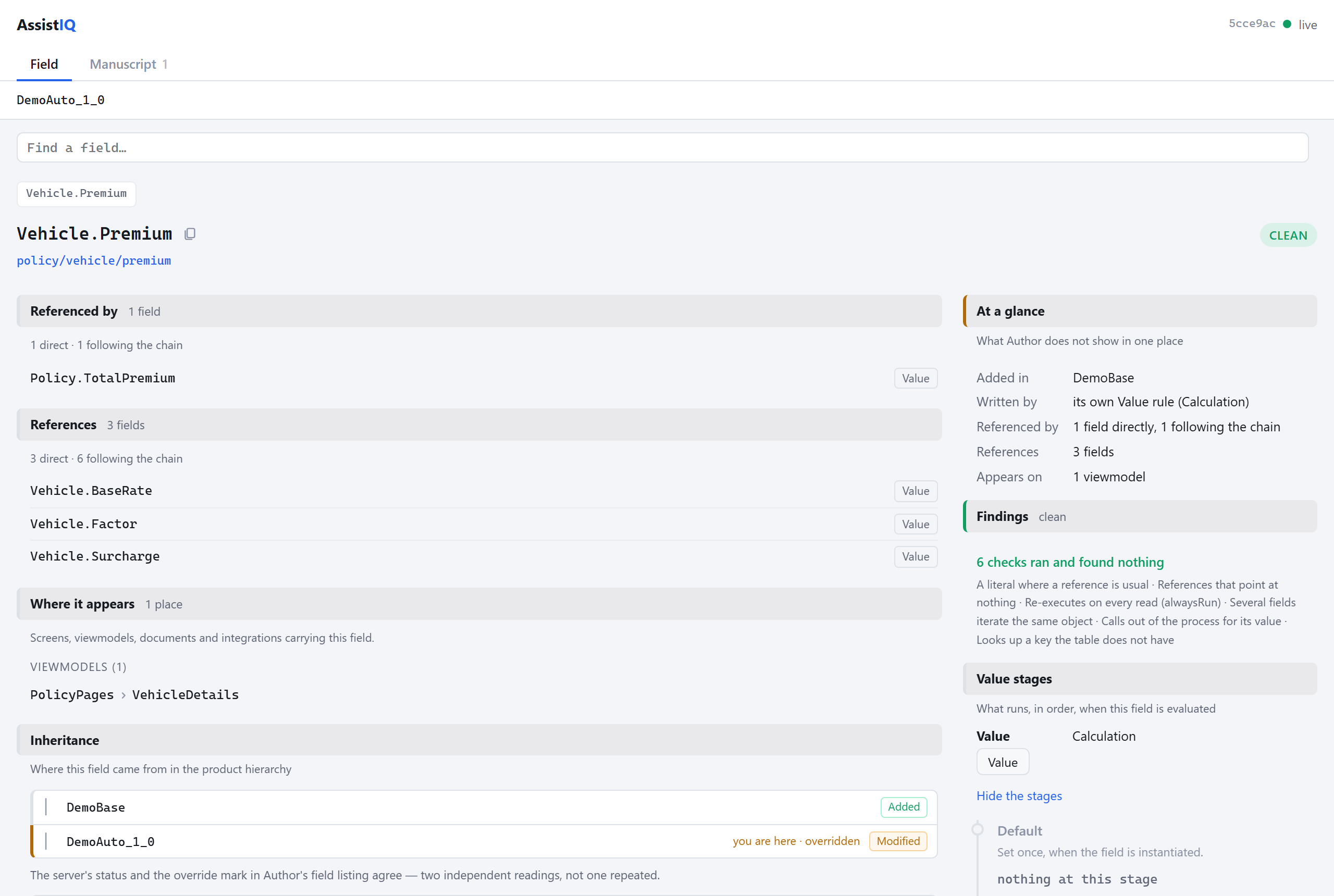 The AssistIQ panel showing a field card: who references the field, what it references, where it appears, its inheritance across layers, and the checks that ran.